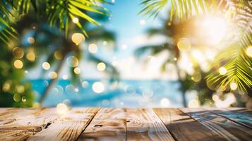 ai generiert hölzern Tabelle mit verschwommen tropisch Strand Hintergrund. Sommer- Ferien Konzept foto