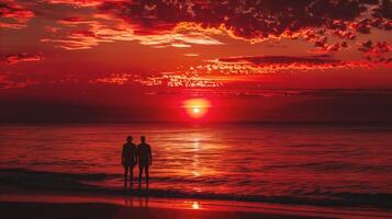 ai generiert Silhouette von jung Paar auf das Strand beim schön Sonnenuntergang foto