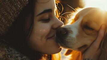 ai generiert schließen oben Porträt von ein schön jung Frau mit ihr Haustier Hund beim Sonnenuntergang foto