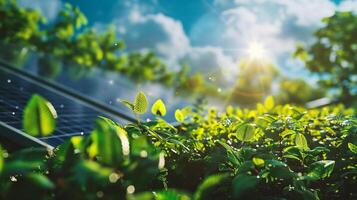 ai generiert Solar- Panel mit Grün Blätter und Sonne aufflackern. Alternative Energie Konzept. foto