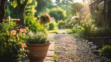 ai generiert bunt Blumenbeet im das Garten beim Sonnenuntergang. schön Sommer- Landschaft. foto