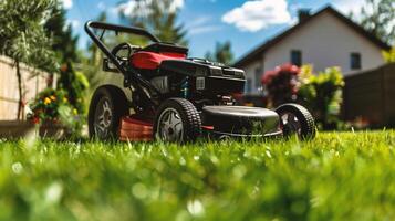 ai generiert Rasen Mäher auf Grün Gras im das Garten. Gartenarbeit Konzept. foto