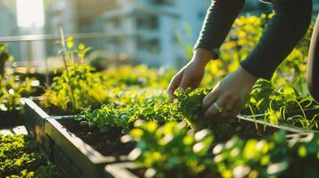 ai generiert Gartenarbeit Konzept. schließen oben von Frau Hände Pflanzen Sämlinge im Gewächshaus foto