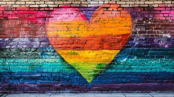 ai generiert bunt gemalt Herz auf ein Backstein Mauer. Straße Kunst Konzept. foto