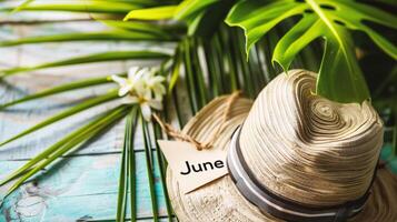 ai generiert Sommer- Hintergrund mit Stroh Hut, tropisch Palme Blatt und Inschrift Juni foto