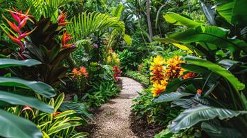 ai generiert schön tropisch Garten mit Blühen Blumen und Palme Bäume foto