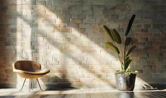 ai generiert Innere von modern Leben Zimmer mit Weiß Backstein Mauer und Grün Pflanze im Topf foto