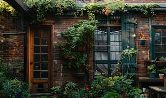 ai generiert Fenster und Backstein Mauer bedeckt mit Blumen foto