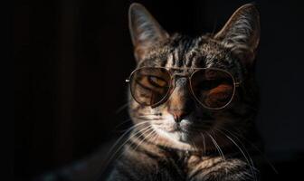 ai generiert schließen oben von ein Katze tragen Sonnenbrille auf schwarz Hintergrund mit Kopieren Raum foto