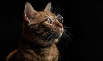 ai generiert Porträt von ein Ingwer Katze tragen Brille auf ein schwarz Hintergrund. foto