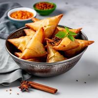 ai generiert köstlich indisch Samosas mit Chutney im ein Schüssel auf Weiß Hintergrund foto