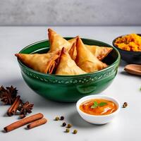 ai generiert köstlich indisch Samosas mit Chutney im ein Schüssel auf Weiß Hintergrund foto