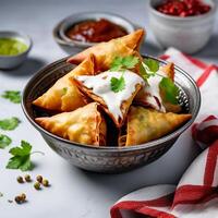 ai generiert köstlich indisch Samosas mit Chutney im ein Schüssel auf Weiß Hintergrund foto