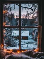 ai generiert Winter Aussicht von das Fenster. ein Girlande Beleuchtung auf das Fensterbrett. foto