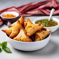 ai generiert köstlich indisch Samosas mit Chutney im ein Schüssel auf Weiß Hintergrund foto