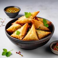 ai generiert köstlich indisch Samosas mit Chutney im ein Schüssel auf Weiß Hintergrund foto