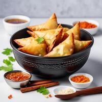 ai generiert köstlich indisch Samosas mit Chutney im ein Schüssel auf Weiß Hintergrund foto