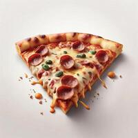ai generiert ein Scheibe von knusprig Pizza realistisch mit Fleisch und Käse Weiß Hintergrund foto