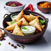 ai generiert köstlich indisch Samosas mit Chutney im ein Schüssel auf Weiß Hintergrund foto