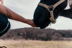 jung glücklich Frau mit ihr Pony Pferd im Abend Sonnenuntergang Licht. draussen Fotografie mit Mode Modell- Mädchen. Lebensstil Stimmung. Konzept von draussen Reiten, Sport und Erholung. foto