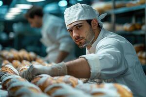 ai generiert männlich Bäcker Arbeiten im Bäckerei. ai generiert foto