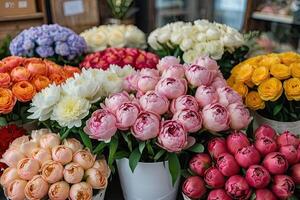 ai generiert mehrfarbig pionen im ein Blume Geschäft - - frisch liefern von Schnitt Blumen zum Frühling Feiertage, Blumen- Geschäft. ai generiert foto