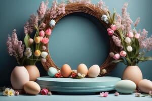 ai generiert mehrfarbig Ostern Eier auf das Tabelle mit Frühling Blumen - - Ostern Banner mit ein Raum zum Text. rustikal Ostern Hintergrund foto