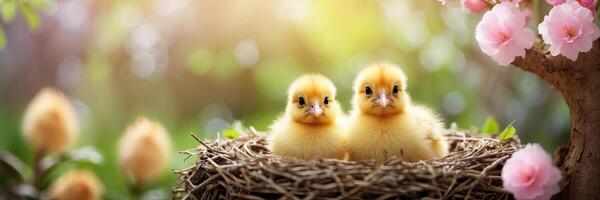 ai generiert süß flauschige Gelb Küken im ein Frühling Blühen Nest von Zweige und Blumen im Natur. Frühling Karte, Frühling Zeit, Kinder, Kindheit. ai generiert foto