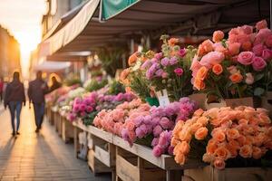 ai generiert Blume Markt auf das sonnig Straße von das Stadt - - Leben Schnitt Blumensträuße sind verkauft auf draussen Stände. ai generiert foto