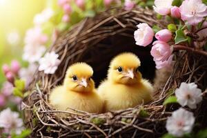 ai generiert süß flauschige Gelb Küken im ein Frühling Blühen Nest von Zweige und Blumen im Natur. Frühling Karte, Frühling Zeit, Kinder, Kindheit. ai generiert foto