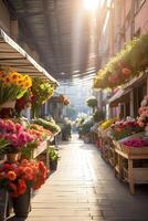 ai generiert Blume Markt auf das sonnig Straße von das Stadt - - Leben Schnitt Blumensträuße sind verkauft auf draussen Stände. ai generiert foto