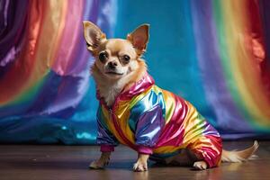ai generiert ein Chihuahua Hund im ein Regenbogen glänzend glamourös Jacke Innen- im das Studio auf ein Regenbogen Hintergrund. Hund Mode, Tier Kleidung. ai generiert foto