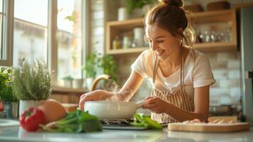ai generiert glücklich jung Frauen Kochen im das Küche foto