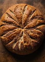 ai generiert frisch gebacken Brot auf ein dunkel hölzern Hintergrund. oben Sicht. ai generativ foto