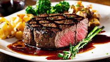 ai generiert Rindfleisch Steaks mit Spargel und Balsamico Essig. ai generativ foto