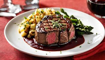 ai generiert Rindfleisch Steaks mit Spargel und Balsamico Essig. ai generativ foto