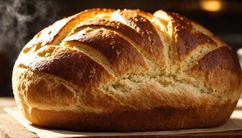 ai generiert frisch gebacken Brot mit Sesam Saat auf ein hölzern Tafel. ai generativ foto