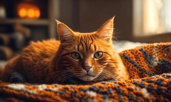 ai generiert süß Ingwer Katze Lügen auf das Bett mit ein warm Decke. ai generativ foto