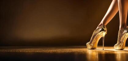 ai generiert Beine von ein Frau im golden hochhackig Schuhe. ai generativ foto
