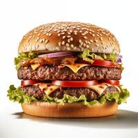 ai generiert doppelt Decker Burger mit alle das klassisch Befestigungen, einschließlich Kopfsalat, Tomate, Käse, und Gewürze. lecker Burger isoliert auf Weiß Hintergrund. Banner, ptomotion, Speisekarte foto