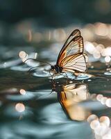 ai generiert ein Schmetterling Sitzung auf oben von ein Körper von Wasser foto