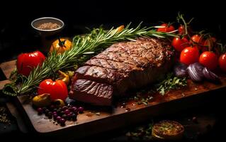 ai generiert Aussicht von ein kurz Speisekarte ein Werbung zeigen verschiedene Steak Essen und lecker Fleisch foto