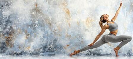 ai generiert modisch sportlich Frau Streiks Yoga Pose zum Wellness Kampagne auf Weiß Hintergrund mit Kopieren Raum foto