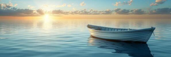 ai generiert still Boot auf Ruhe Wasser in der Nähe von Strandlinie im ruhig Pastell- einfarbig Landschaft mit Kopieren Raum foto