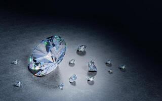 großer Diamant auf schwarzem Reflexionshintergrund und es gibt viele kleine Diamanten auf dem Boden. Das beliebteste Sammlerstück der Reichen sind Diamanten. foto