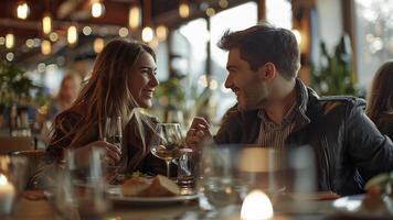 ai generiert jung Paar im Restaurant, jung Paar Essen im das Restaurant, romantisch Restaurant Szene foto