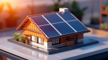 ai generiert futuristisch Clever Zuhause 3d Modell- mit Solar- Paneele zum verlängerbar Energie Konzepte auf verschwommen Hintergrund foto