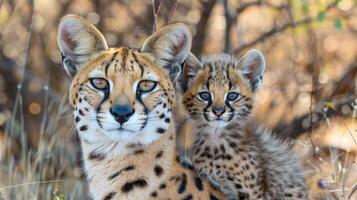 ai generiert männlich Serval und Serval Kätzchen Porträt mit Raum zum Text, Objekt auf richtig Seite foto