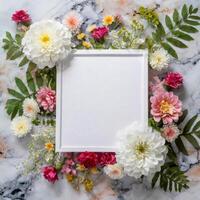 ai generiert Blumen- Hochzeit Einladung Karte Attrappe, Lehrmodell, Simulation, eben legen leeren rahmen, leer Papier mit Blumen- foto