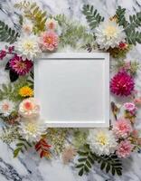 ai generiert Blumen- Hochzeit Einladung Karte Attrappe, Lehrmodell, Simulation, eben legen leeren rahmen, leer Papier mit Blumen- foto